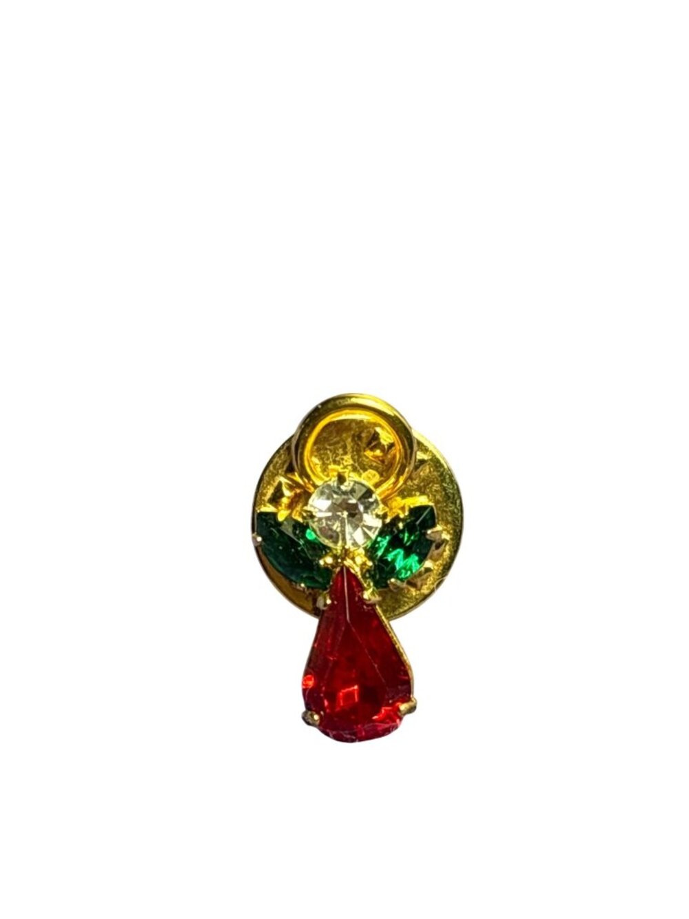 Vintage Rhinestone Angel Lapel Tack Pin Red Green Clear 0.75 inch